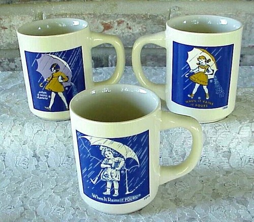 Vintage Morton Salt Mugs Cups (3) 1914 1956 1968 Iconic Logo Little Girl Salt - Picture 2 of 10