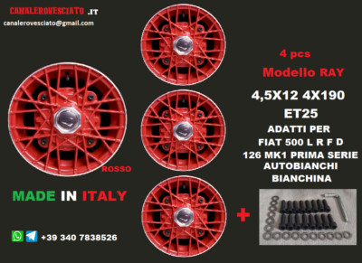 Alufelgen 12 Stiluto RAY ROT Fiat 500 D L F R Epoche OLD 4x190 Borrani Speichen