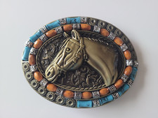 Brass Finish 4" Buckle Western Belt Buckle W/ Turquoise Stone Big Horse