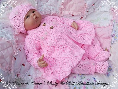 BABYDOLL HANDKNIT DESIGNS KNITTING PATTERN LACY PRAM SET 16-22" DOLL 0-3M BABY