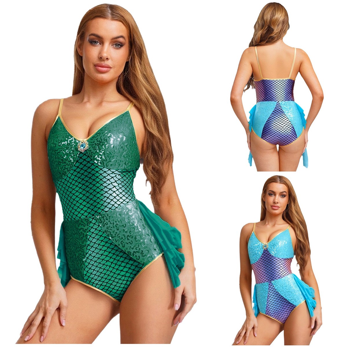 Women Halloween Mermaid Princess Costume Shiny Sequin Scales Leotard  Bodysuit