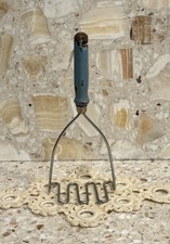 Vintage Wire Potato Masher Wood Handle Blue Farmhouse Primitive Kitchen Utensil