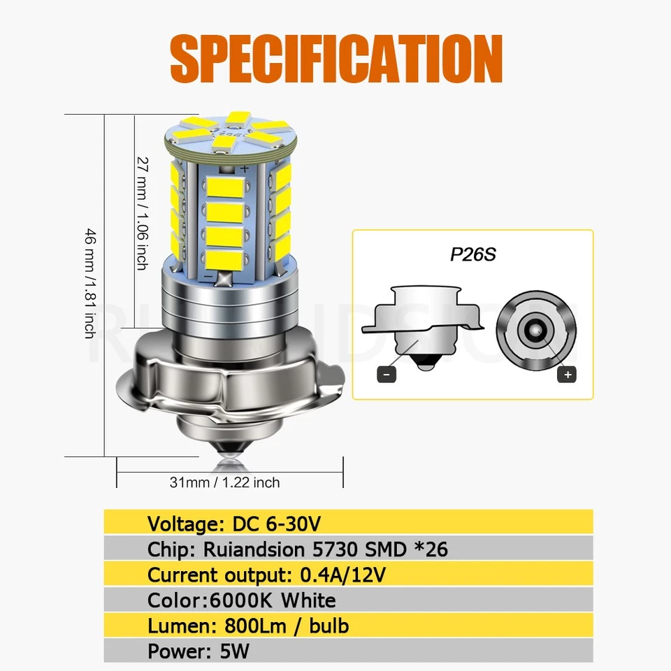 1Pz DC 6V-30V P26S S3 LED Lampadina Del Faro Dello Scooter Per Moto Bianco - Immagine 2 di 4