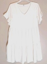 Logene Women White Tiered V Neck Ruffle Sleeve Lined Dress Size M