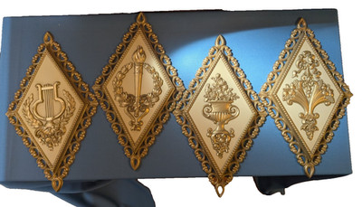 4 HOMCO wall plaques, gold & white, harp, torch, urn, floral, 13 1/2''x8''