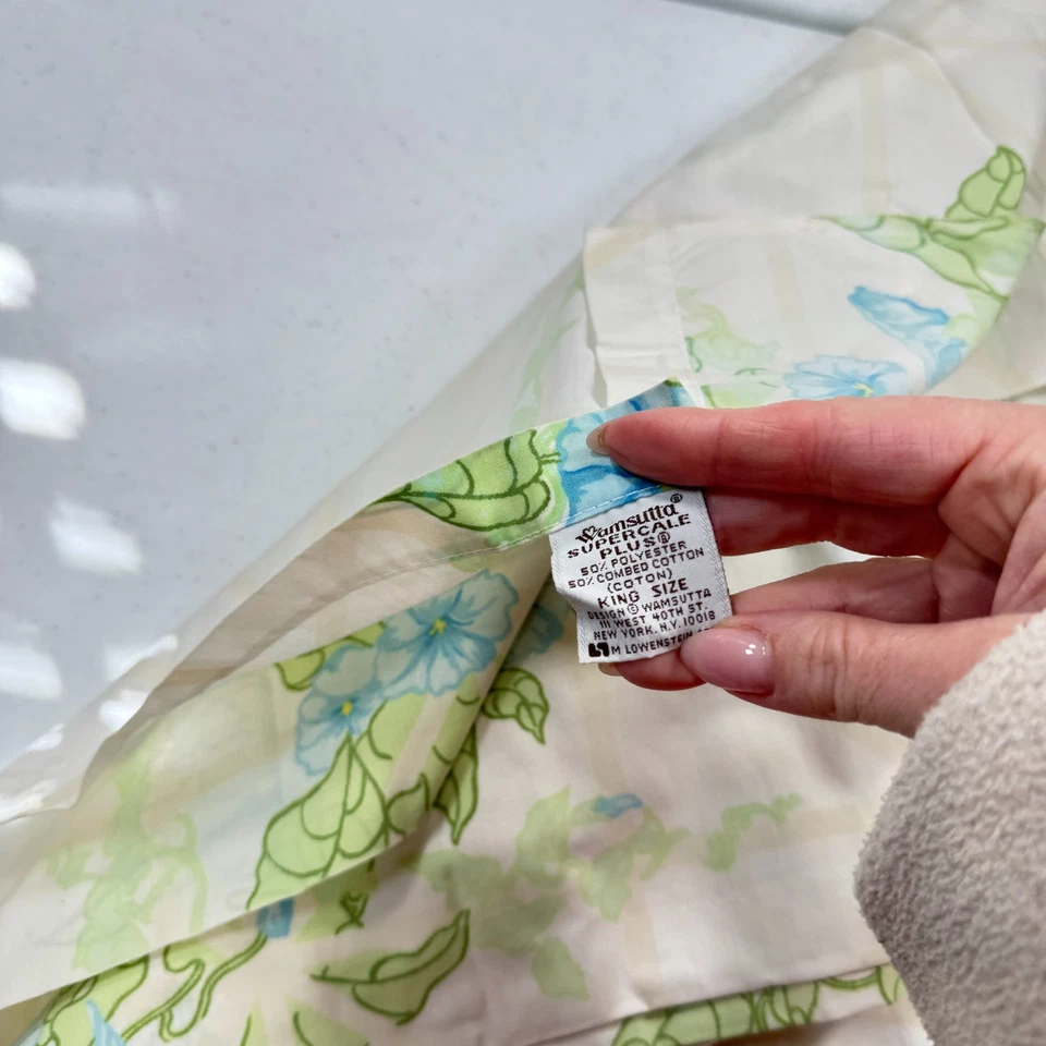 wamsutta king sábana plana azul verde floral rayas diagonales mezcla ee. uu. mcm retro Foto 3 de 4