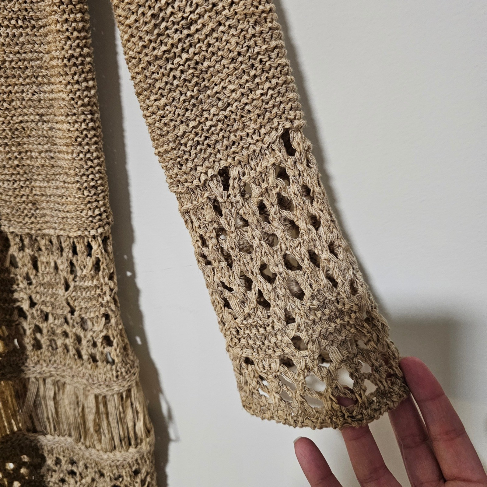 Zara Cardigan Womens Medium Tan Crochet Fringe Open Knit Boho Festival Sweater image 5