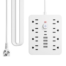 10 Ft Surge Protector Power Strip 8 AC 6 USB Flat Extension Cord Wall Plug