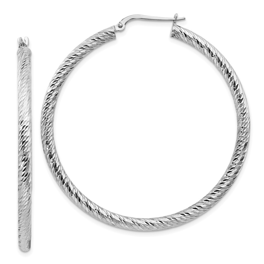 14k White Gold 3x40mm Diamond-cut Round Hoop Earrings L-49.75 mm, W-47.5 mm