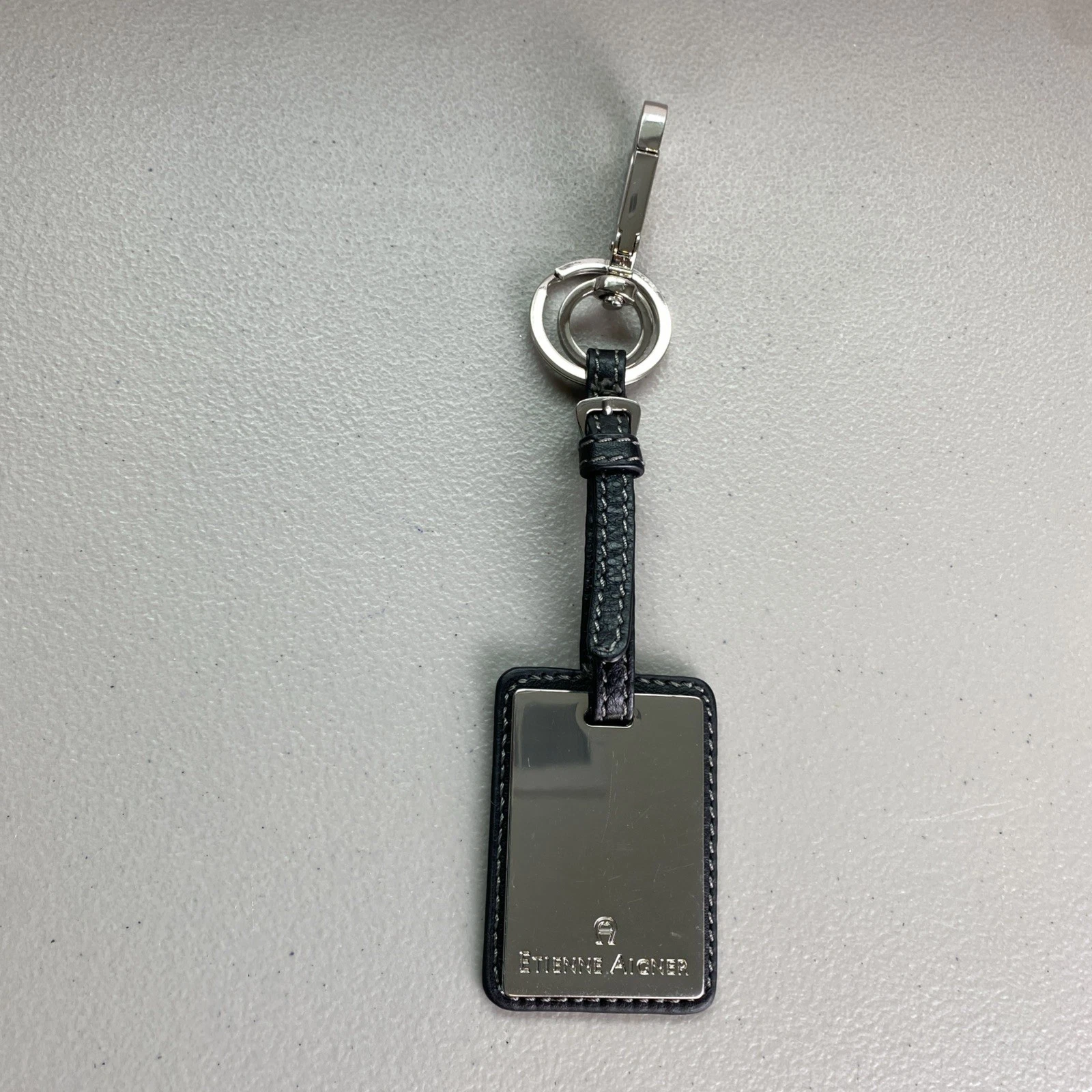 Etienne Aigner Black Leather Keychain Fob Purse Clip With Mirror