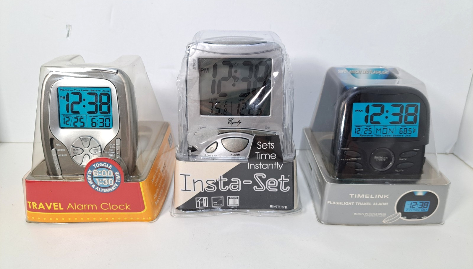Lot of 3 New Sealed Alarm Clocks Insta-Set Timelink Backlit Clocks Silver Black