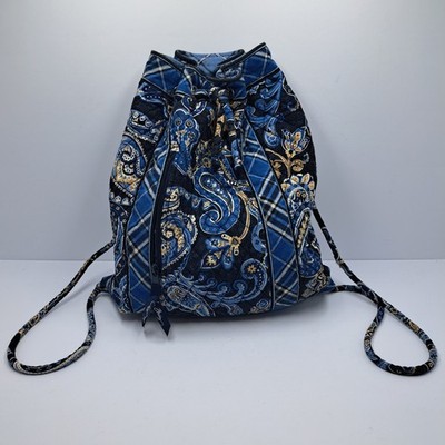 Vera Bradley Drawstring Backpack Purse Windsor Navy Blue Plaid Quilted Cotton