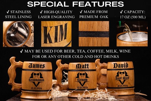 GROOMSMEN GIFTS Personalized Wooden Beer Mug Best Man Gift Ideas Stein Tankard - Picture 3 of 10