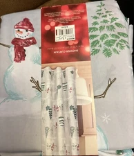 Nwt St. Nicholas Square Gray Fabric Red Green Snowmen Evergreens Shower Curtain