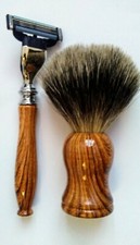 2 Pcs Ebony Shaving Razor Badger Brush Gift Set With Wood Handles, Brand New