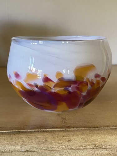Signed Hand Blown Glass Confetti Vase Bowl Signed Dated 1989 Round - Picture 3 of 10
