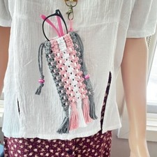 Handmade Macrame Glasses Holder in Australian Galah Bird Colours with Bag Clip