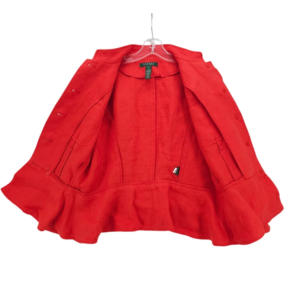 Jaqueta LRL RALPH LAUREN Coral Laranja Vermelha 100% Linho Estilo Militar Peplum Tamanho 8 - Imagem 4 de 4