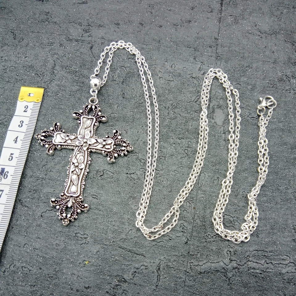 Enorme Collar Cruz Ornamentado Muy Largo 90cm/36" Cadena Grande Roca Religiosa Foto 3 de 4