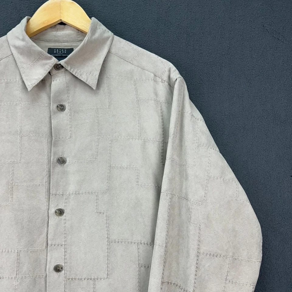 Camisa Crazy Horse Para Hombre Talla Grande Beige Manga Larga Puntada Trabajo Parche Informal Foto 4 de 4