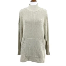 Women's Cream RDI Carmel Tan Chunky Cable Knit Kangaroo Pocket Pullover Turtl...