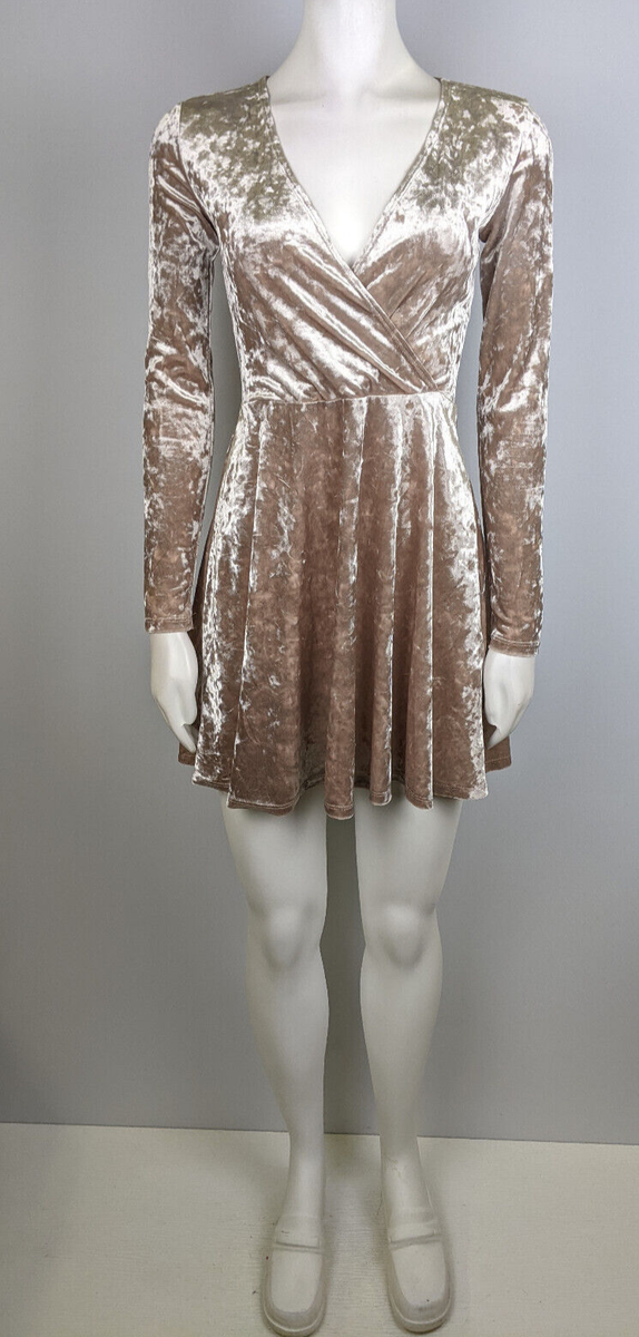 WOMEN'S CHAMPAGNE BEIGE VELOUR VELVET TEXTURED LONG SLEEVE V-NECK DRESS -  SIZE S | eBay