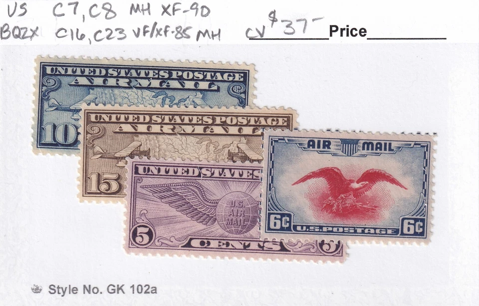 MATT'S STAMPS US SCOTT #C7-C8, C16, C23 AIRMAIL ISSUES OF 1926-38 VF/XF MH CV$37 - Image 3 of 3