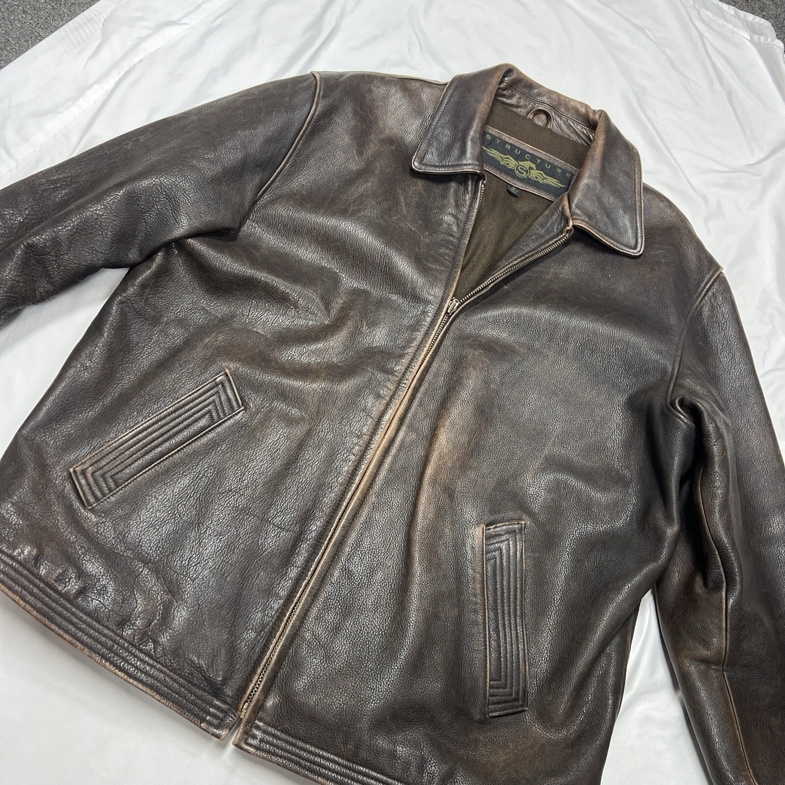 Rare Vintage Brown Distressed Leather Jacket with Pockets XL