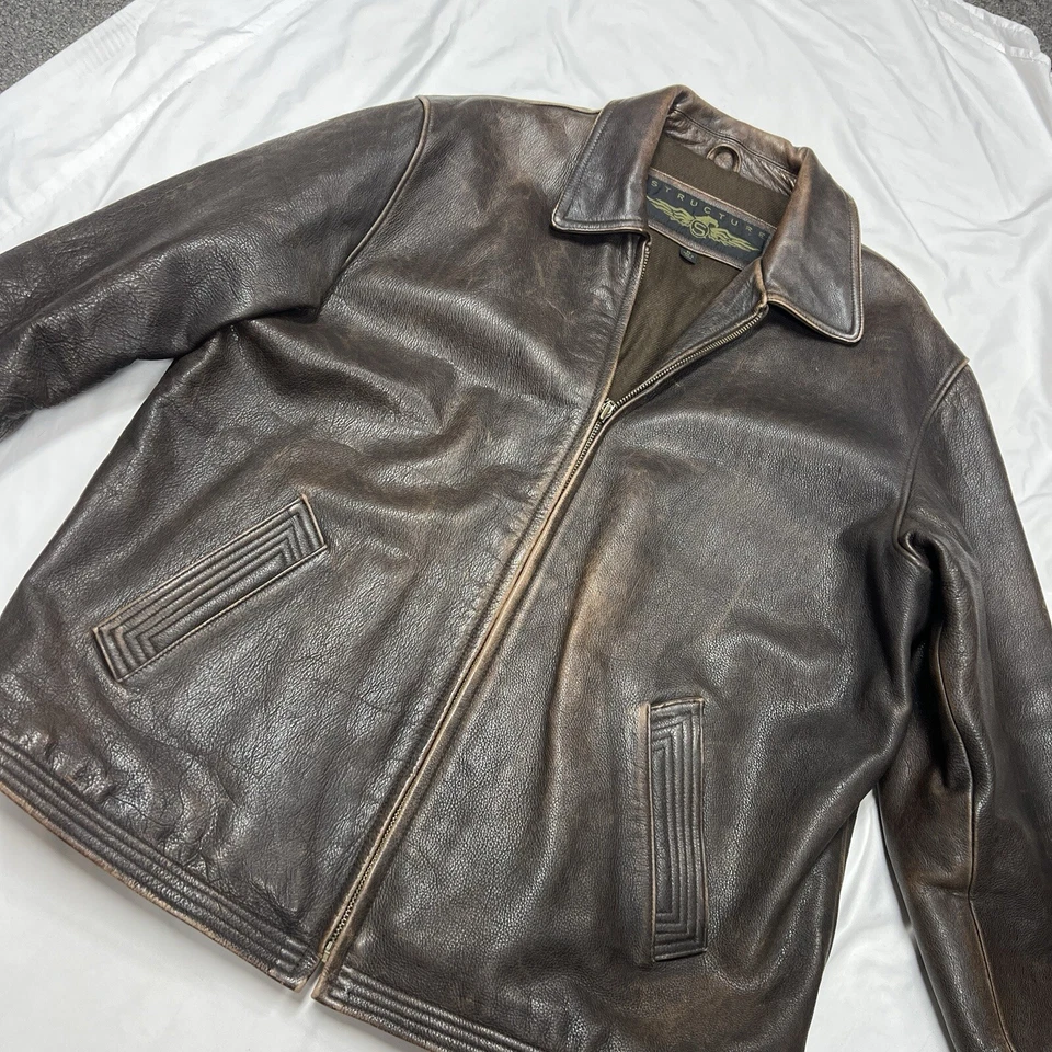 Very Rare Vintage Structure Brown Washed Distressed Leather Jacket Pockets XL