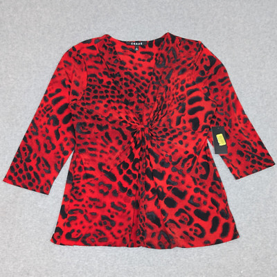Chaus Womens Ruched Front Blouse Size Large 3/4 Sleeve Red/Black Leopard New