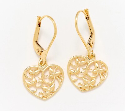 Filigree Vine Heart Dangle Drop Earrings with Leverback Real 14K