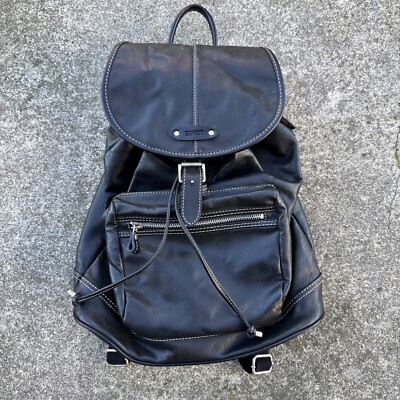 Esprit Leather Black Corded Bucket Buckle Backpack 90's Vintage 