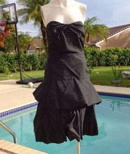 Monique Lhuillier BLACK SILK POLKA DOT STRAPLESS COCKTAIL DRESS Sz 6 MADE IN USA