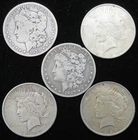 5 US 90% SILVER MORGAN PEACE DOLLARS MIXED DATES NO RESERVE AUCTION NR!