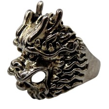 Silvertone Goldtone Dragon Head Gargoyle Men's Ring • Vintage Look Metal Sz 11