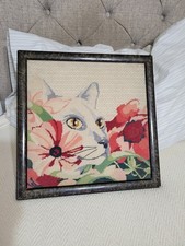 Vntg Cat Face w/Flowers Framed Needlepoint Finished 15 1/2" 15 1/2" Signed