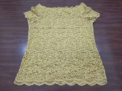 Wishlist Womens Lace Top Size M Mustard Yellow Short Sleeve Scallop Boho Sheer