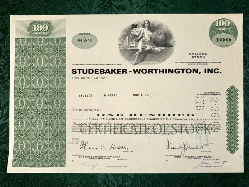 1968 Studebaker-Worthington Inc Stock Certificate issued to Don & Co 100 Shares
