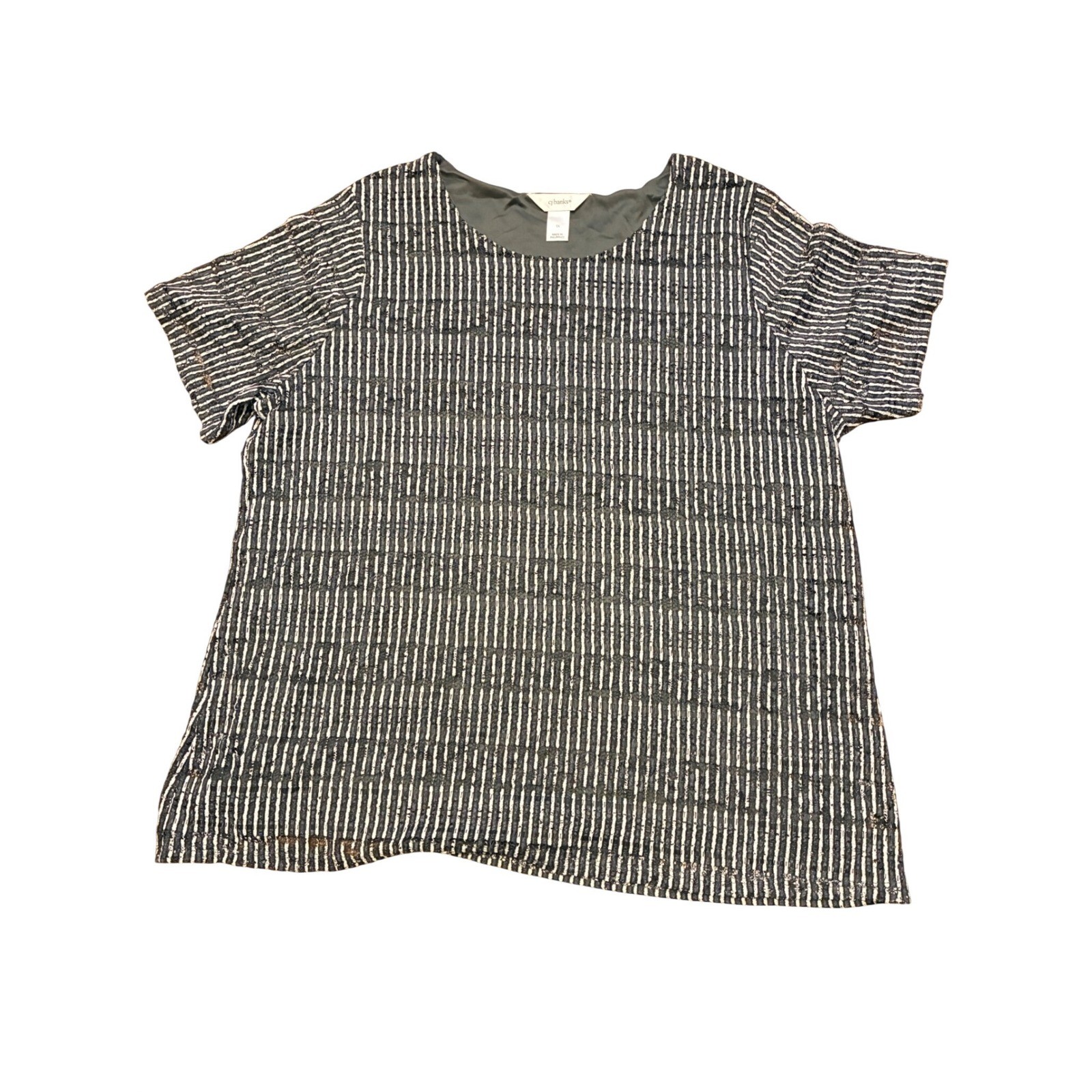 CJ Banks Womens 1X Black White Textured Striped Short Sleeve Blouse Lined Top