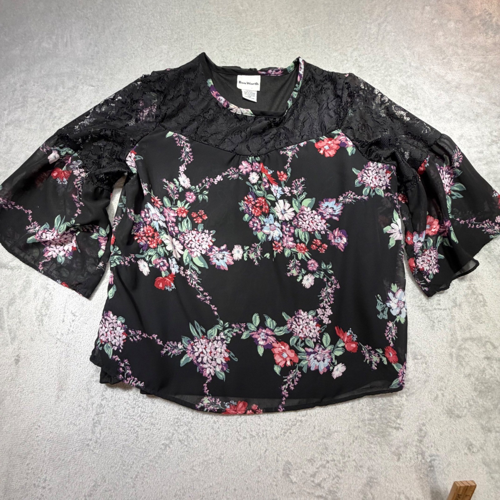 BonWorth Floral Lace Bell Sleeve Blouse Black MP Whimsygoth Boho Dark Romantic