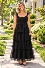 Lulus Size L Tulle For Love Black Mesh Tulle Tiered Ruffled Maxi Dress Formal
