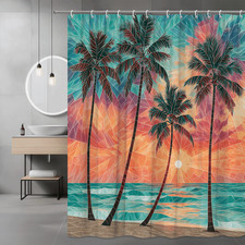 Tropical Palm Tree Sunset Shower Curtain Beach Ocean Graphic
