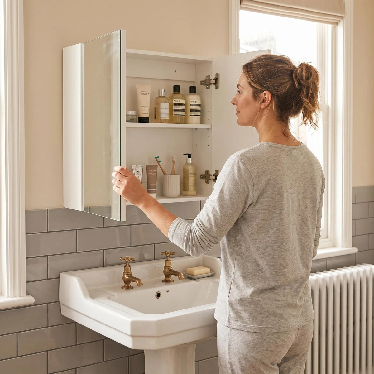 Mueble de pared de baño con espejo armario de almacenamiento montado en la pared y estante blanco