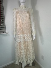 VTG Victorian Lace Bridal Maxi Dress Jessica McClintock Ivory Blush Pink Slip
