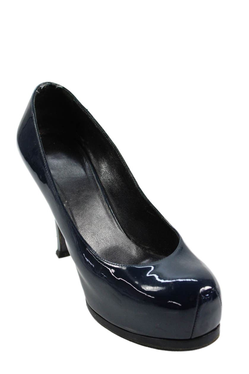 Yves Saint Laurent Womens Patent Leather Platform High Heels Blue Size 6.5
