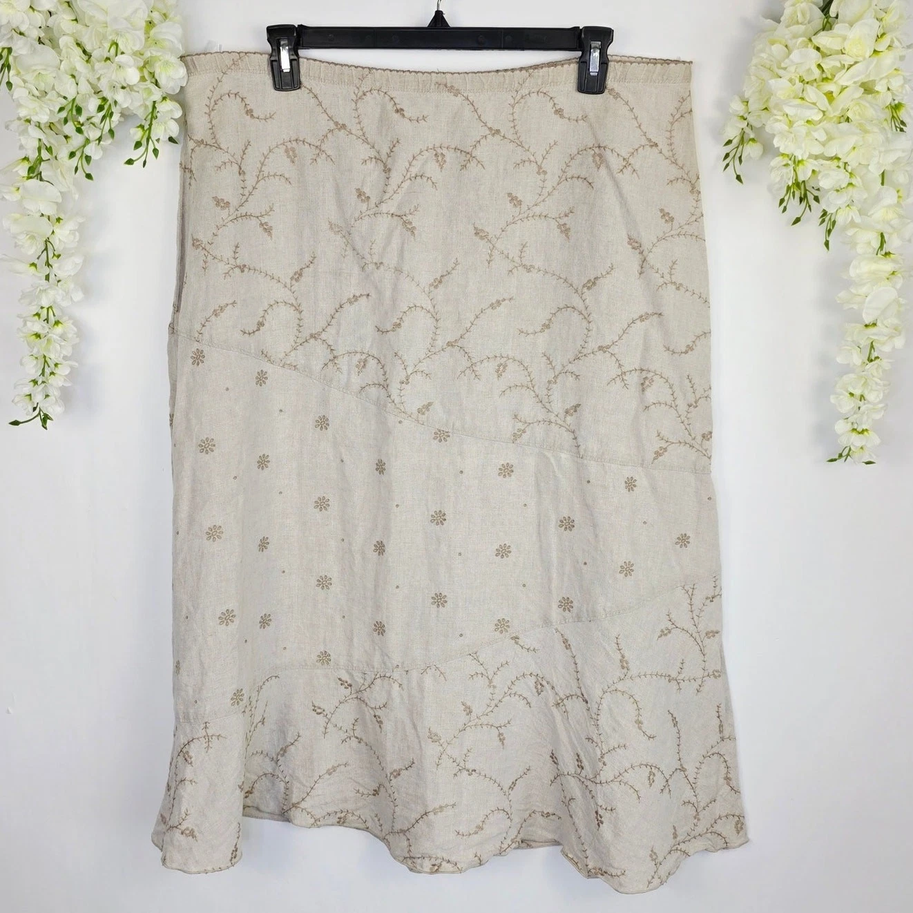 J Jill Linen Midi Skirt Plus 2X Beige Embroidered Floral Boho Cottage Coastal