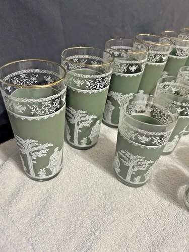 Jeannette Glass Hellenic Green Tumblers 8 | 16 OZ Vintage Depression