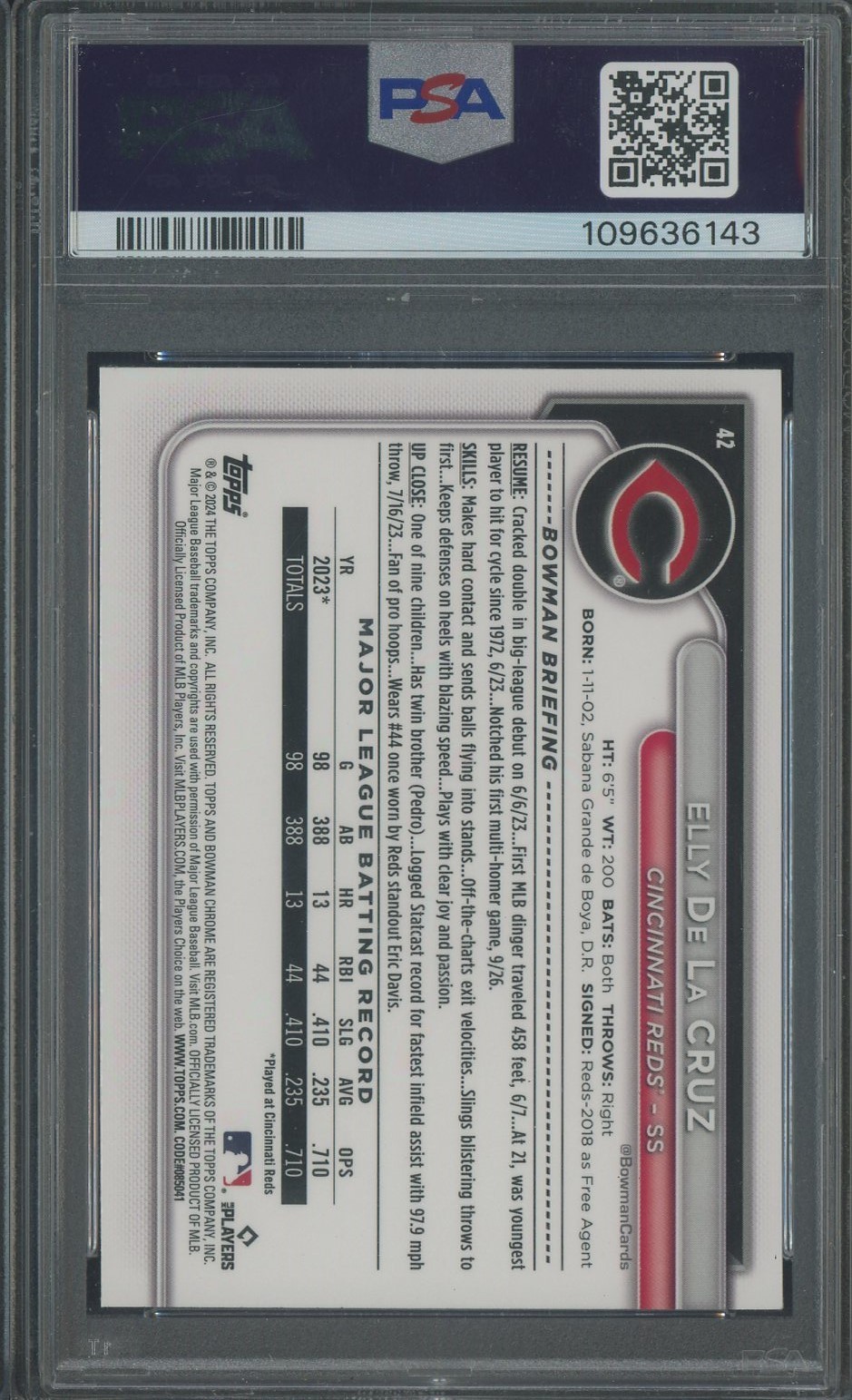 2024 Bowman Chrome Gold Refractor #42 Elly De La Cruz Reds RC Rookie 29/50 PSA 9 view 2