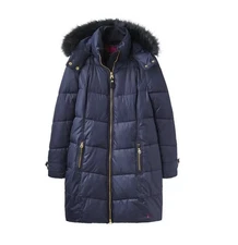 Joules Long Puffer Jacket Padded Coat w/ Detachable Fur Hood. Navy Blue NEW sz 6