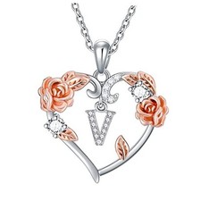Rose Heart Necklaces Christmas Gifts for Women, 925 Sterling Silver Rose V